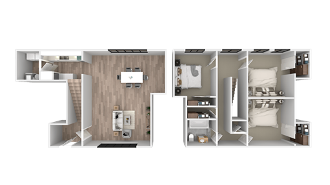 a 3d floor plan of a bedroom with a bathroom and a living room